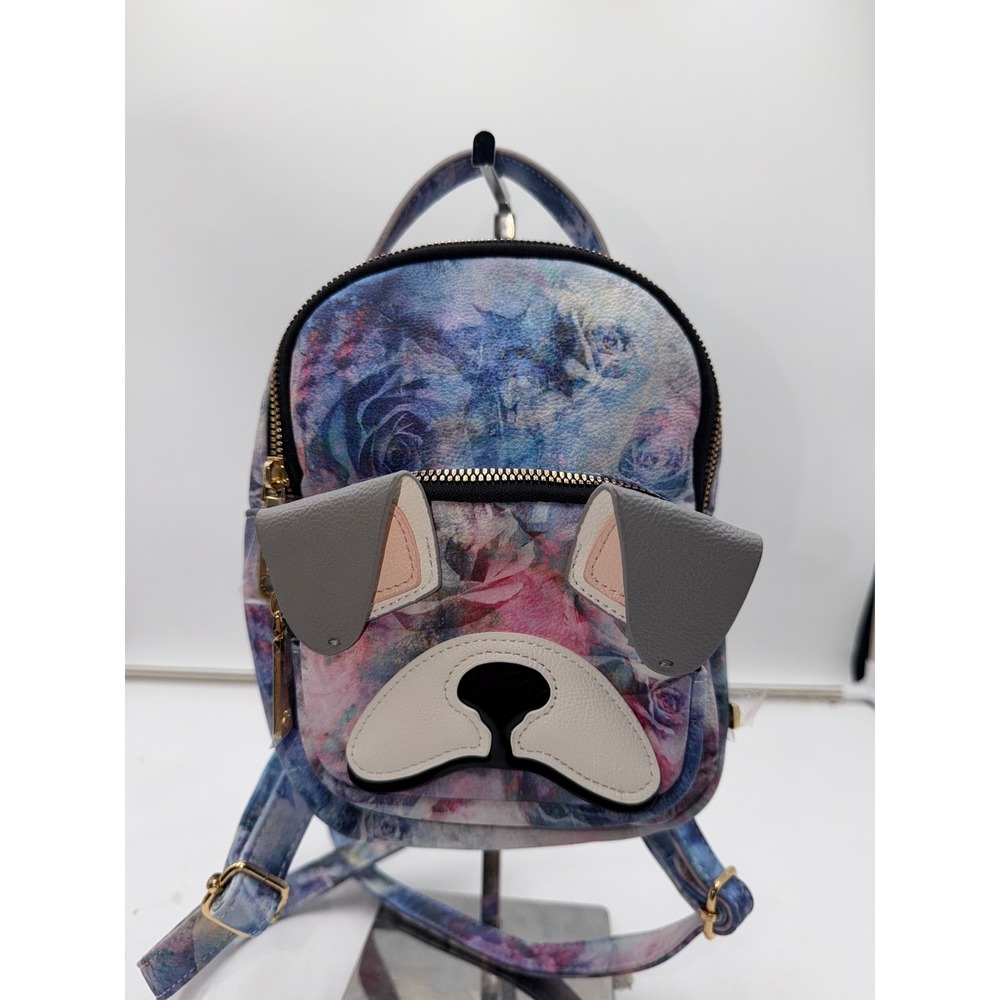 Betsey Johnson French Bulldog Floral Mini Backpack Blue Pink Rose Faux Leather - Picture 2 of 10